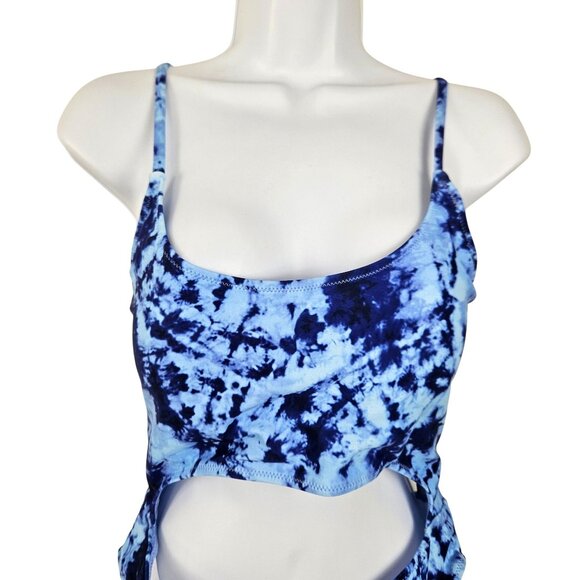 Meyeeka Womens XL Blue Tie-Dye Cut Out High Cut Lace Up Monokini 1 Pc Swimsuit - Picture 6 of 9